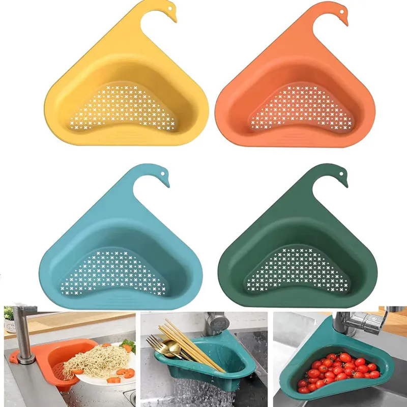 4 pçs cesto de drenagem de pia de cozinha cisne pendurado triangular rack de drenagem prateleira vazamento rápido de água  image 3