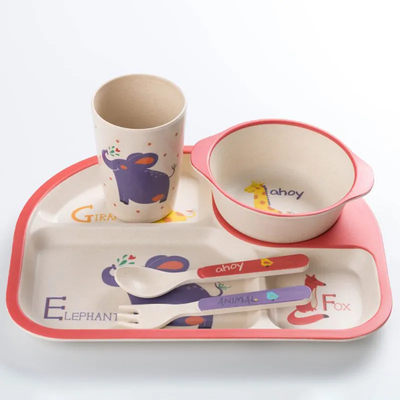 5Pcs Bamboo Fiber Kids Dinnerware Set Cartoon Feeding Tableware Includes Plate & Bowl & Cup & Fork & Spoon Utensils Color-A image 2