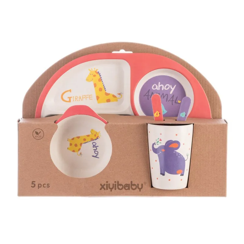 5Pcs Bamboo Fiber Kids Dinnerware Set Cartoon Feeding Tableware Includes Plate & Bowl & Cup & Fork & Spoon Utensils Color-A image 3