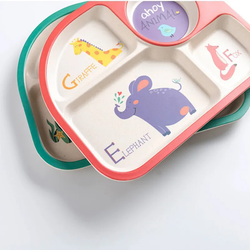 5Pcs Bamboo Fiber Kids Dinnerware Set Cartoon Feeding Tableware Includes Plate & Bowl & Cup & Fork & Spoon Utensils Color-A image 4