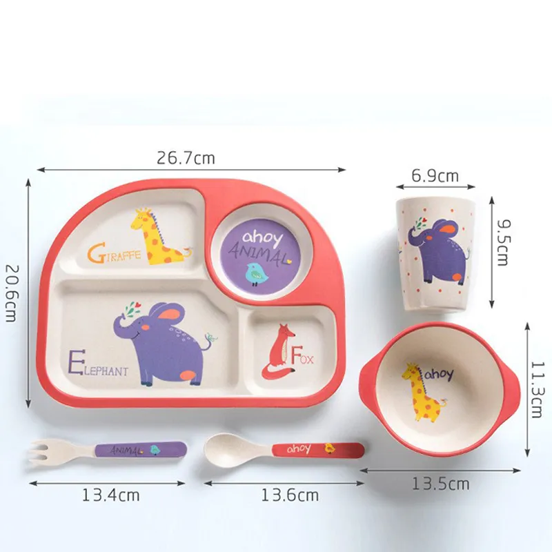 5Pcs Bamboo Fiber Kids Dinnerware Set Cartoon Feeding Tableware Includes Plate & Bowl & Cup & Fork & Spoon Utensils Color-A image 6