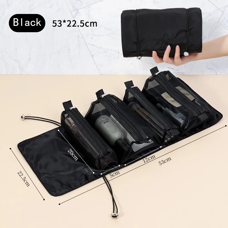 4 in 1 Roll-Up Makeup Bag Travel Organizer Waterproof Cosmetic Bag for Women Black