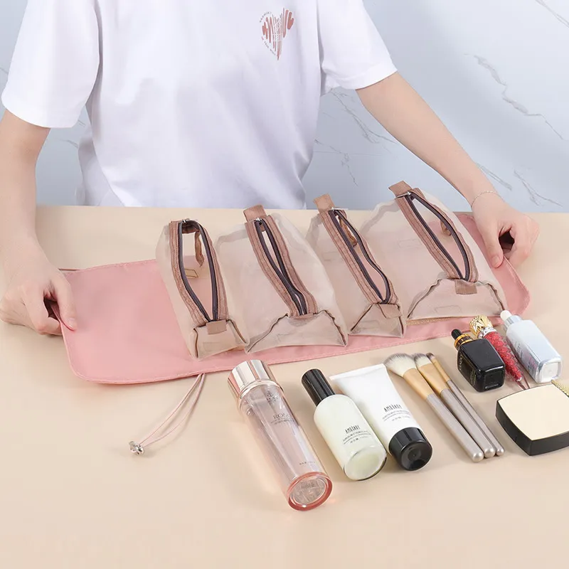 4 in 1 Roll-Up Makeup Bag Travel Organizer Waterproof Cosmetic Bag for Women Pink image 6