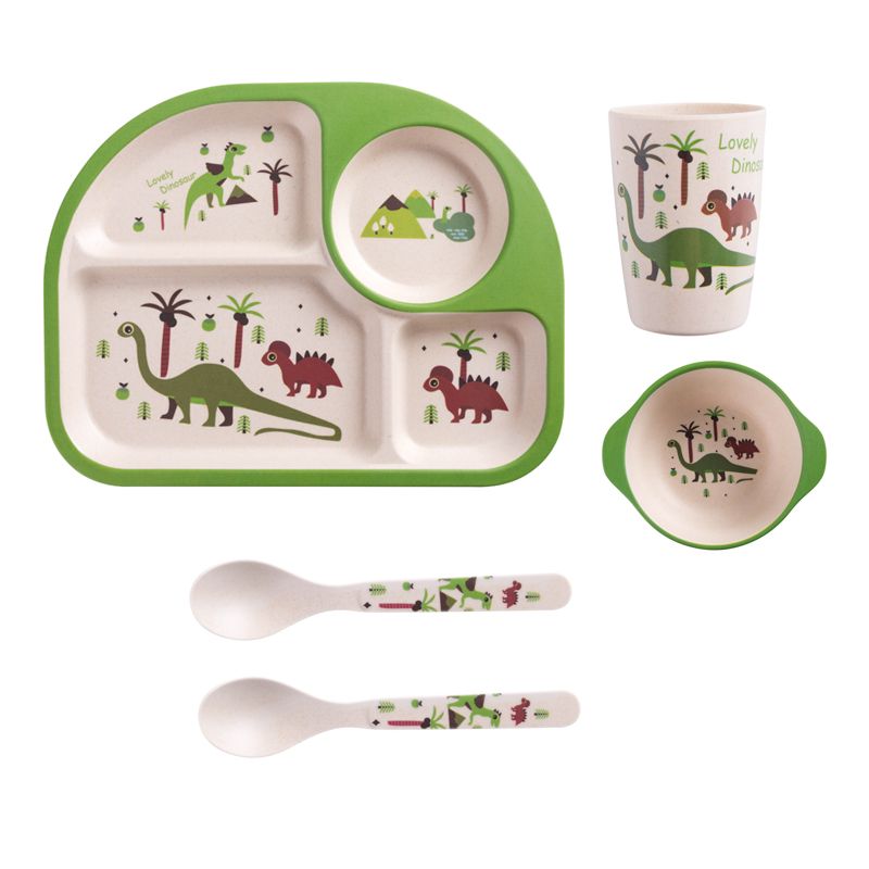 5Pcs Bamboo Fiber Kids Dinnerware Set Cartoon Feeding Tableware Includes Plate & Bowl & Cup & Fork &