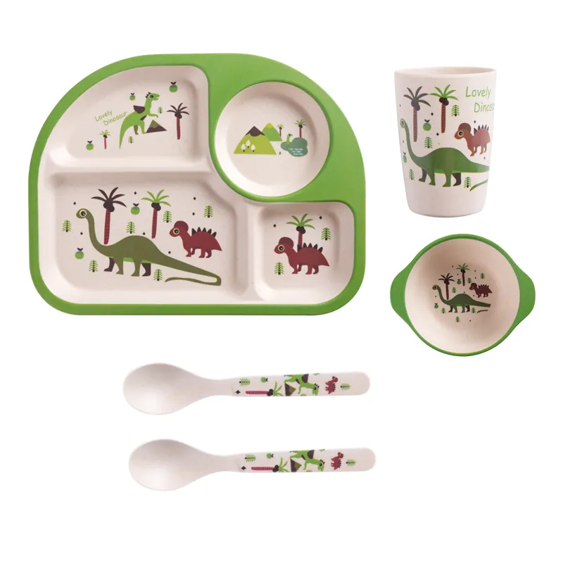 5Pcs Bamboo Fiber Kids Dinnerware Set Cartoon Feeding Tableware Includes Plate & Bowl & Cup & Fork & Spoon Utensils Color-B