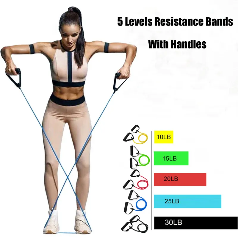5 Levels Resistance Band Exercise Cord Elastic Muscle Chest Expander Fitness Exercise Band with Handle Multi-color big image 1