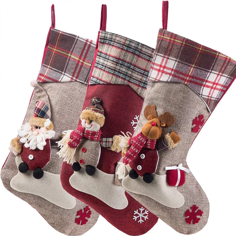 Large Hanging Christmas Stockings Buffalo Plaid Santa Snowman Reindeer Sock Gift Bag Candy Pouch Bag for Fireplace Xmas Tree Decor  big image 1