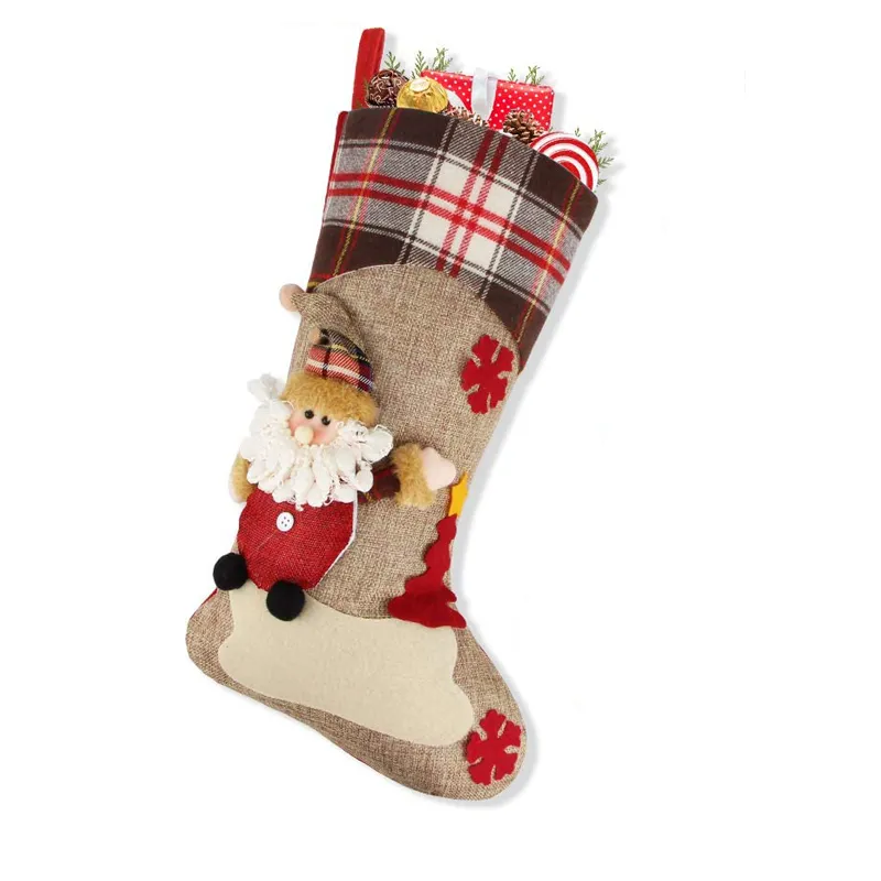 Large Hanging Christmas Stockings Buffalo Plaid Santa Snowman Reindeer Sock Gift Bag Candy Pouch Bag for Fireplace Xmas Tree Decor big image 2