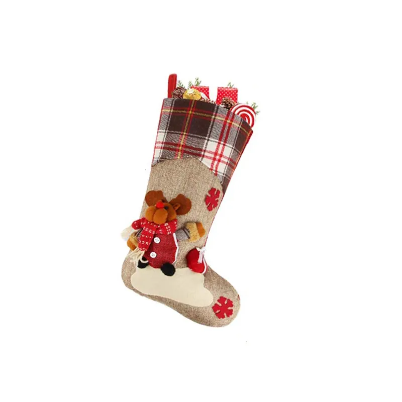 Large Hanging Christmas Stockings Buffalo Plaid Santa Snowman Reindeer Sock Gift Bag Candy Pouch Bag for Fireplace Xmas Tree Decor Color-C big image 1