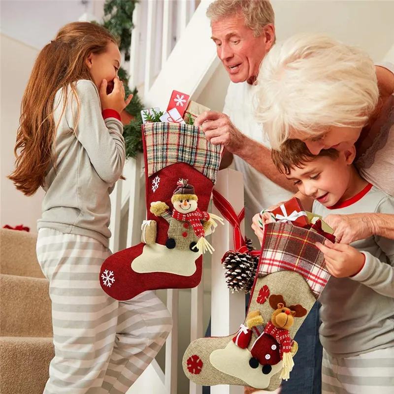 Large Hanging Christmas Stockings Buffalo Plaid Santa Snowman Reindeer Sock Gift Bag Candy Pouch Bag for Fireplace Xmas Tree Decor Color-C image 2