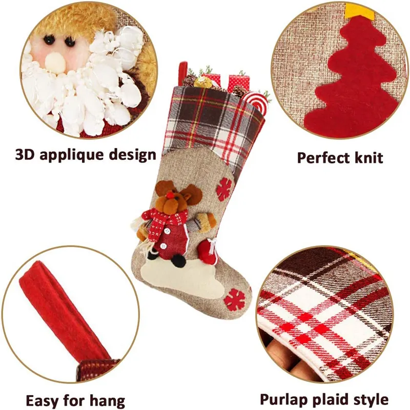 Large Hanging Christmas Stockings Buffalo Plaid Santa Snowman Reindeer Sock Gift Bag Candy Pouch Bag for Fireplace Xmas Tree Decor Color-C image 3