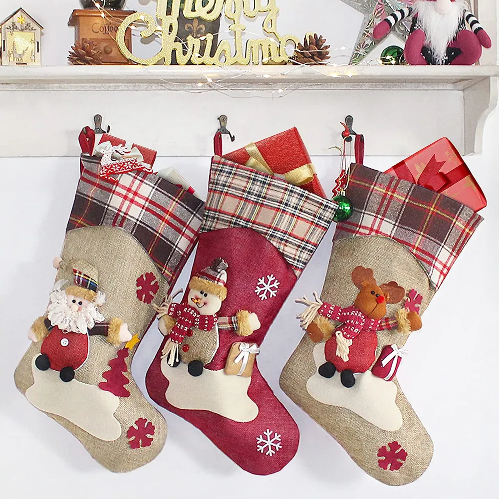 Large Hanging Christmas Stockings Buffalo Plaid Santa Snowman Reindeer Sock Gift Bag Candy Pouch Bag for Fireplace Xmas Tree Decor  big image 6