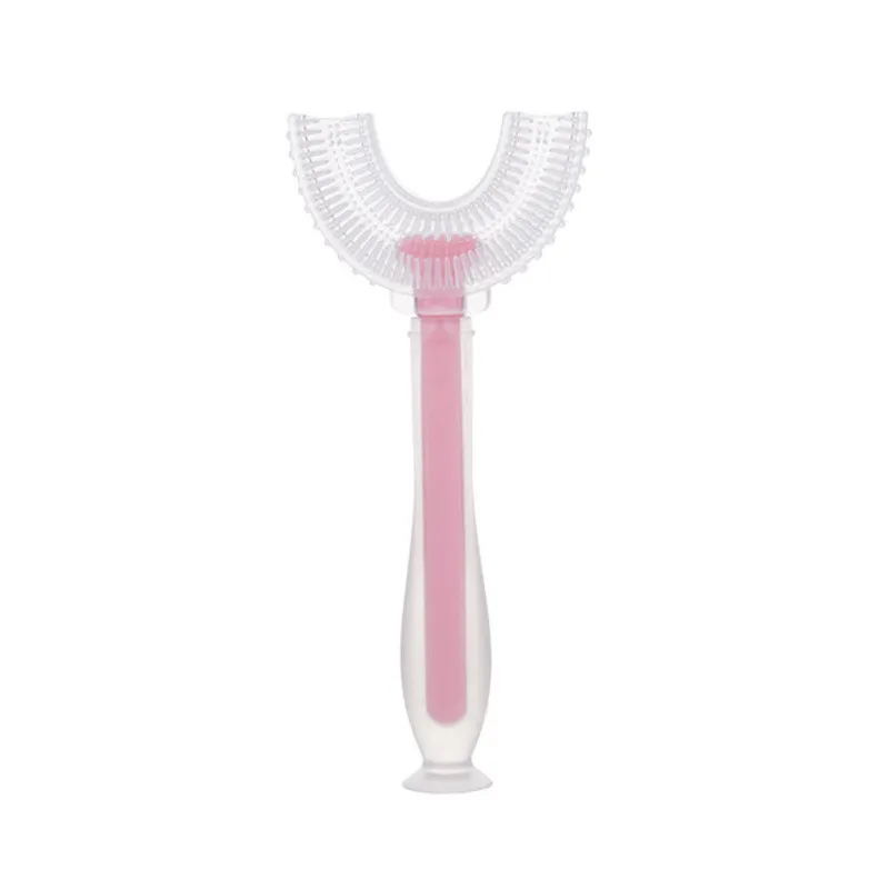 Crianças 360° em forma de U escova de dentes de silicone cabeça de escova de boca inteira escova de dentes com cabo Rosa big image 1