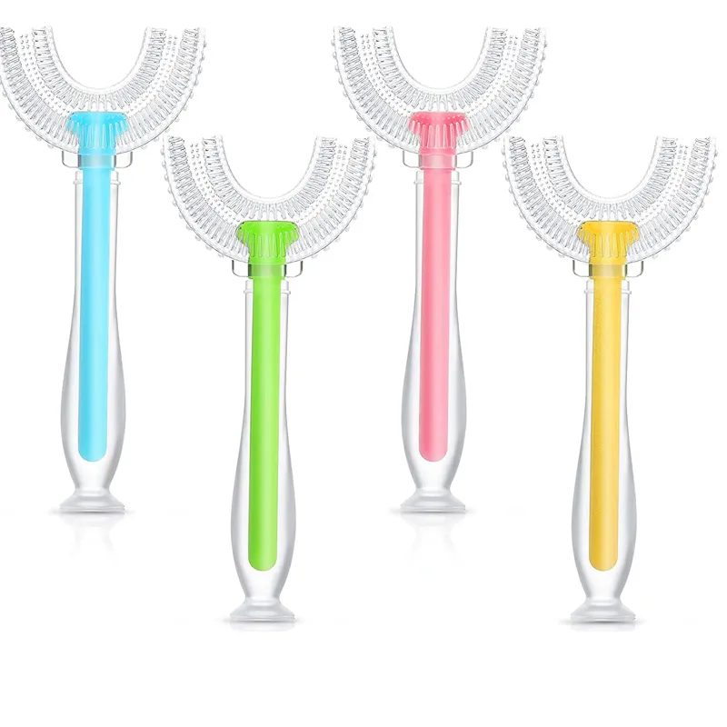 Crianças 360° em forma de U escova de dentes de silicone cabeça de escova de boca inteira escova de dentes com cabo Rosa image 3