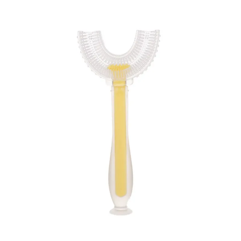 Crianças 360° em forma de U escova de dentes de silicone cabeça de escova de boca inteira escova de dentes com cabo Amarelo