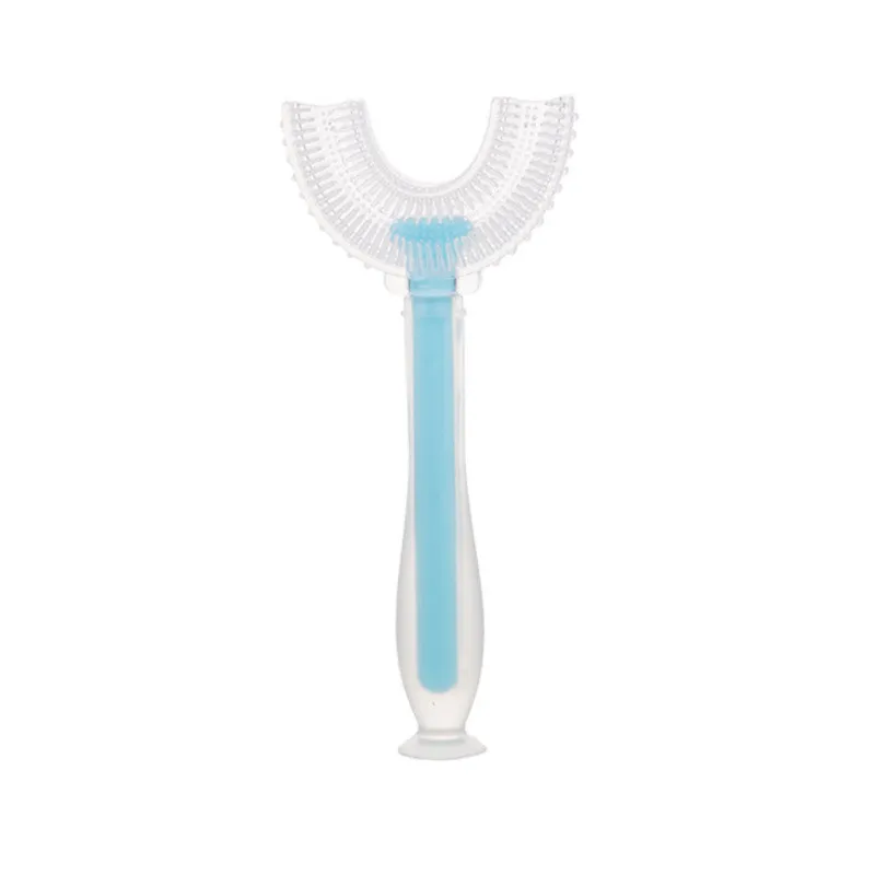 Crianças 360° em forma de U escova de dentes de silicone cabeça de escova de boca inteira escova de dentes com cabo Azul