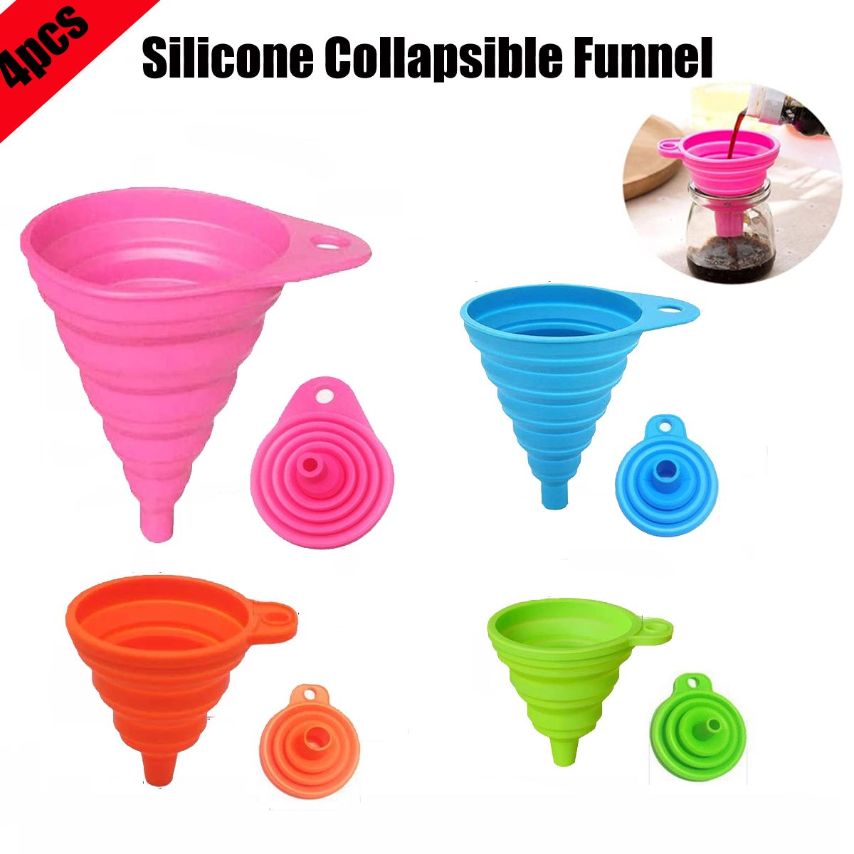 

4-pack 4 Sizes of Kitchen Funnel Set Silicone Collapsible Funnel Kitchen Essentials