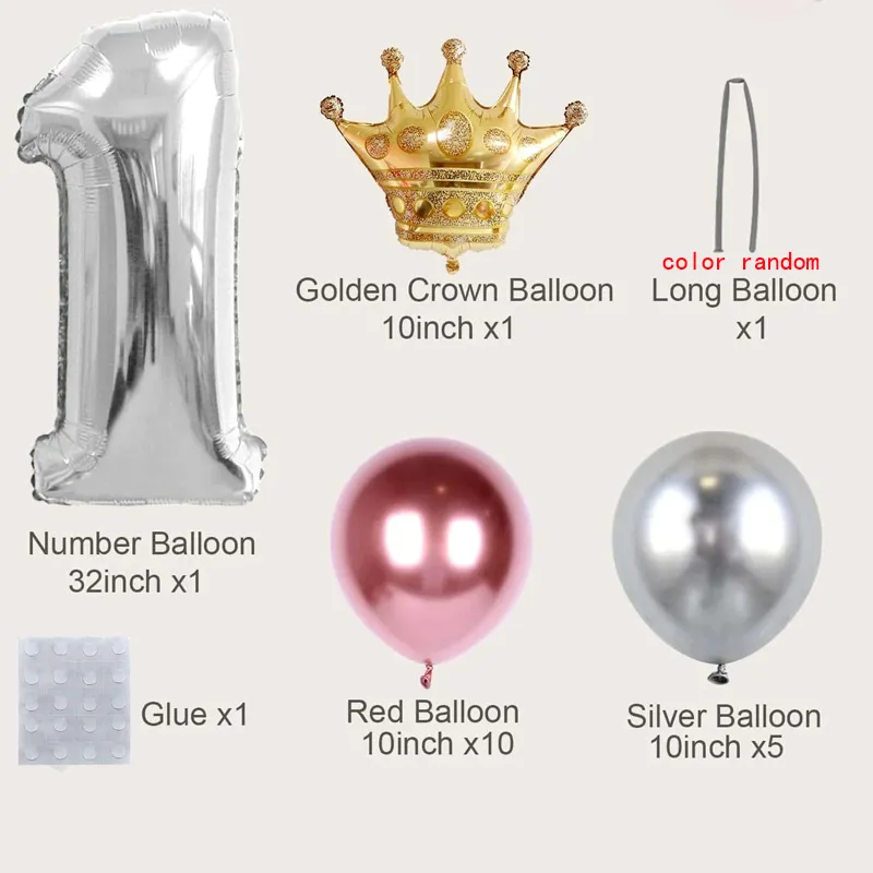 19Pcs Numbers Crown Aluminum Foil Balloon and Latex Balloon Set Birthday Party Wedding Column Road Guide Balloon Party Decoration Dark blue/White/Red