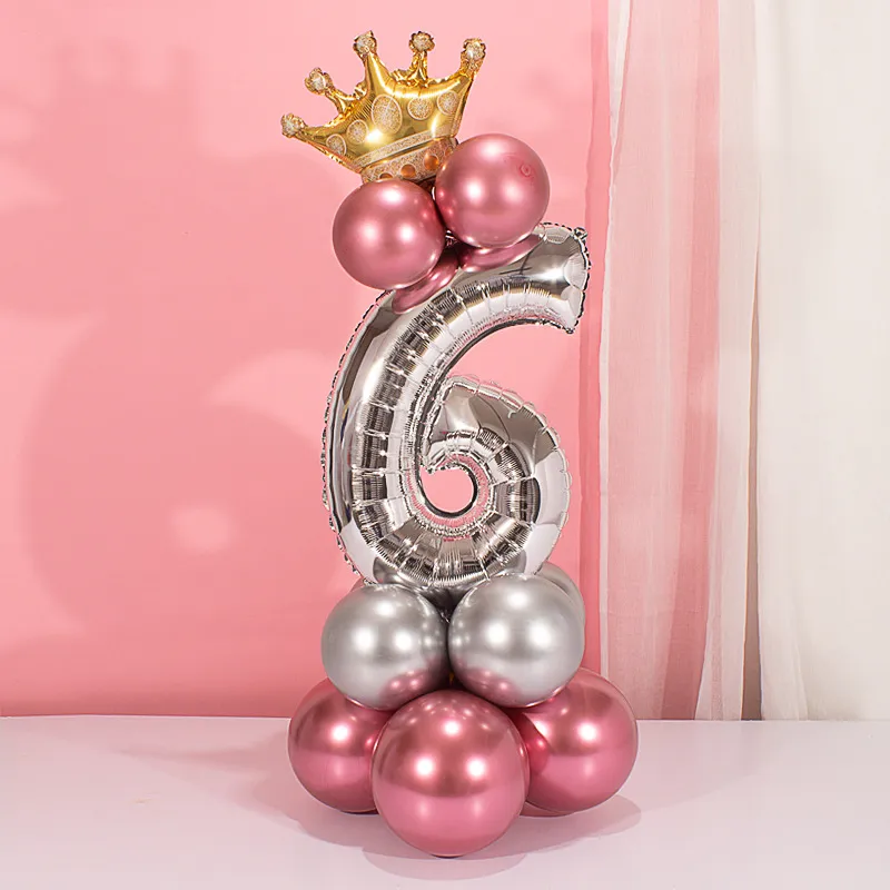 19Pcs Numbers Crown Aluminum Foil Balloon and Latex Balloon Set Birthday Party Wedding Column Road Guide Balloon Party Decoration Color-C big image 1