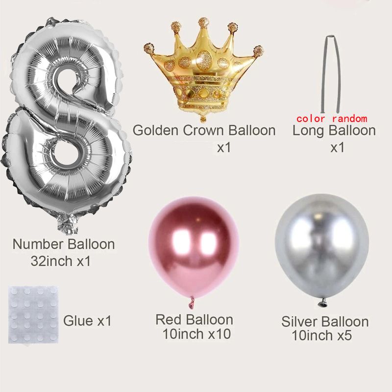 19Pcs Numbers Crown Aluminum Foil Balloon and Latex Balloon Set Birthday Party Wedding Column Road G