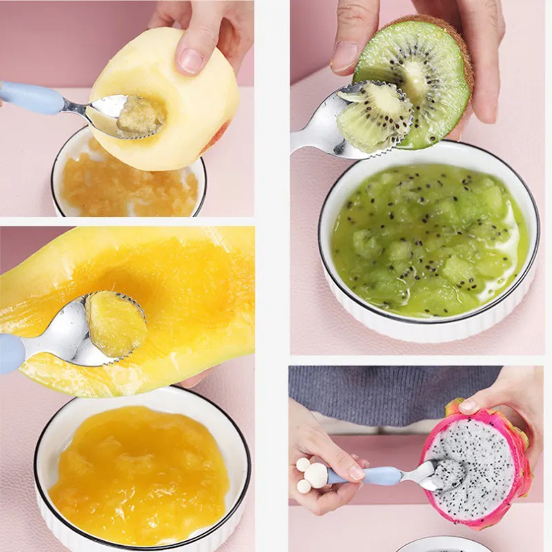 1Pc Baby Fruit Spoon Stainless Steel Mud Scraping Spoon Baby Food Feeder Tools Pink image 3