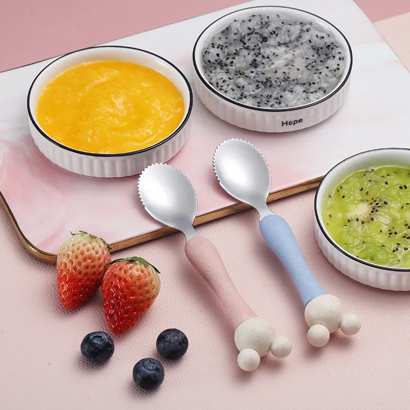 1Pc Baby Fruit Spoon Stainless Steel Mud Scraping Spoon Baby Food Feeder Tools Pink image 6
