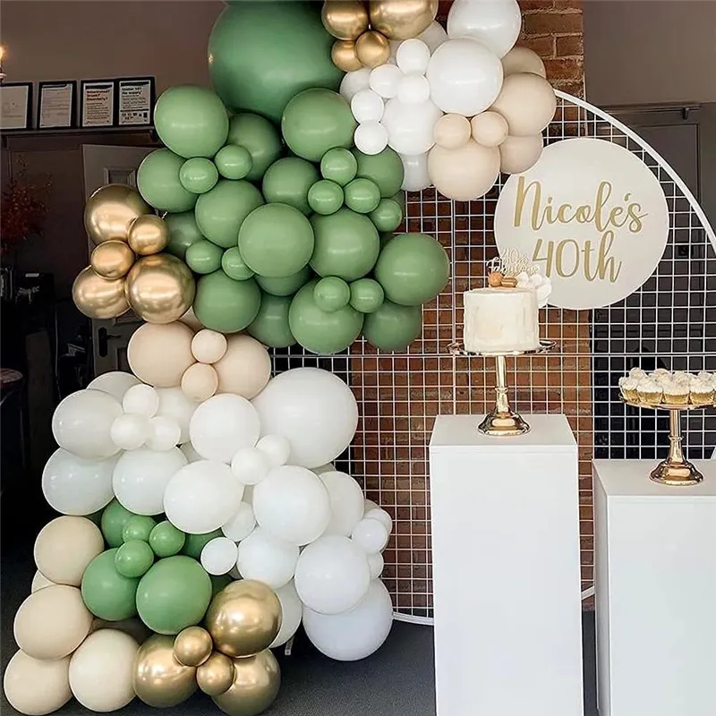 El kit de arco de guirnalda de globos de látex verde aguacate de 130 piezas incluye globos blancos dorados metálicos globos de confeti dorados Color-A big image 1