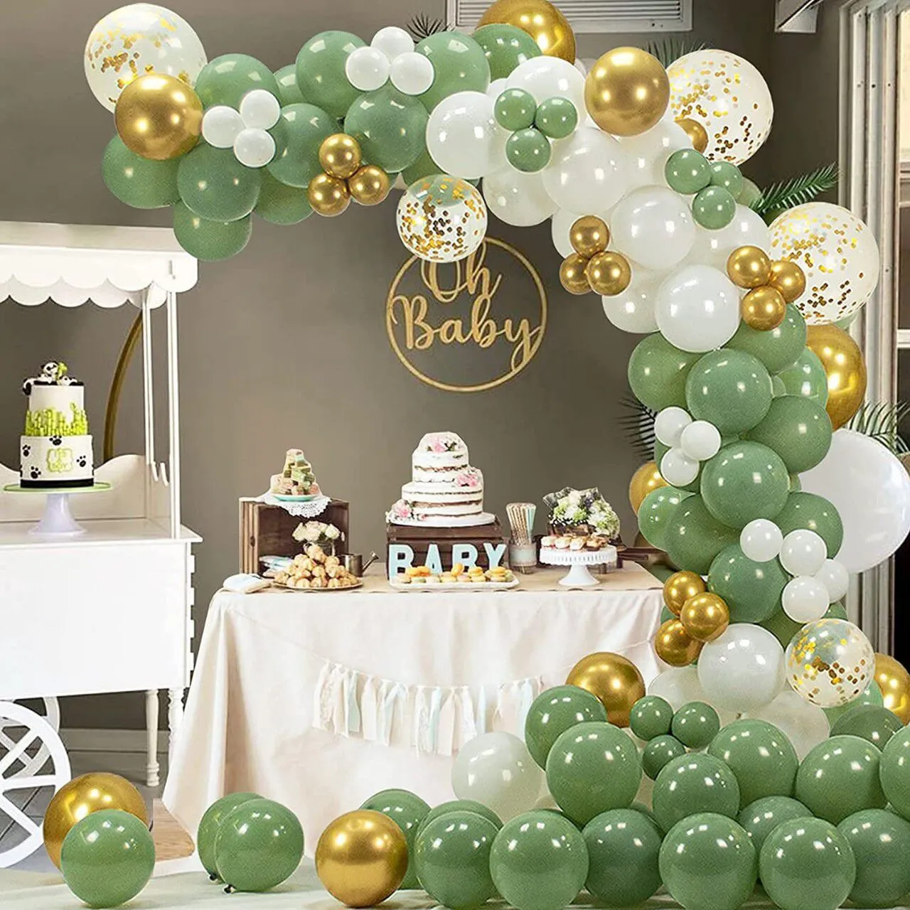 130 قطعة من مجموعة قوس إكليل بالونات اللاتكس الخضراء من الأفوكادو تتضمن بالونات ذهبية معدنية بيضاء بالونات ورقية ذهبية اللون- أ big image 1