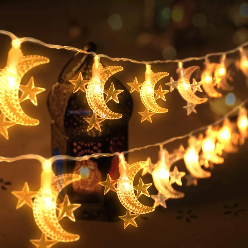 10 luzes de corda de lua estrela led eid mubarak luzes decorativas para ornamentos de decoração interna e externa Amarelo big image 1