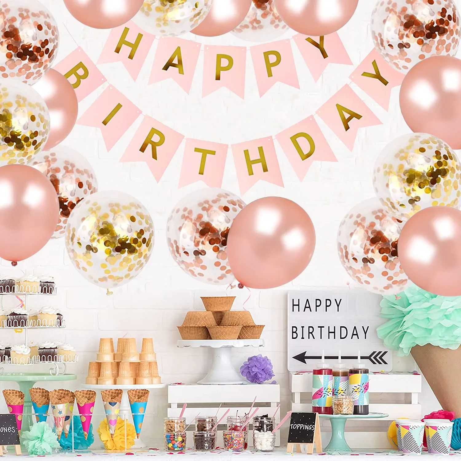 32Pcs Birthday Decor Balloons Set Rose Gold Balloons & Confetti Latex Balloons & Happy Birthday Banner