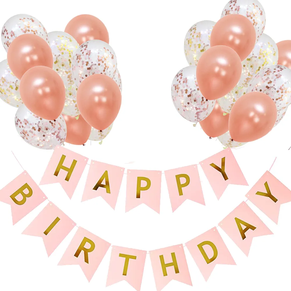 Conjunto de balões de decoração de aniversário 32 peças, balões de ouro rosa e balões de látex de confete e banner de feliz aniversário  image 6