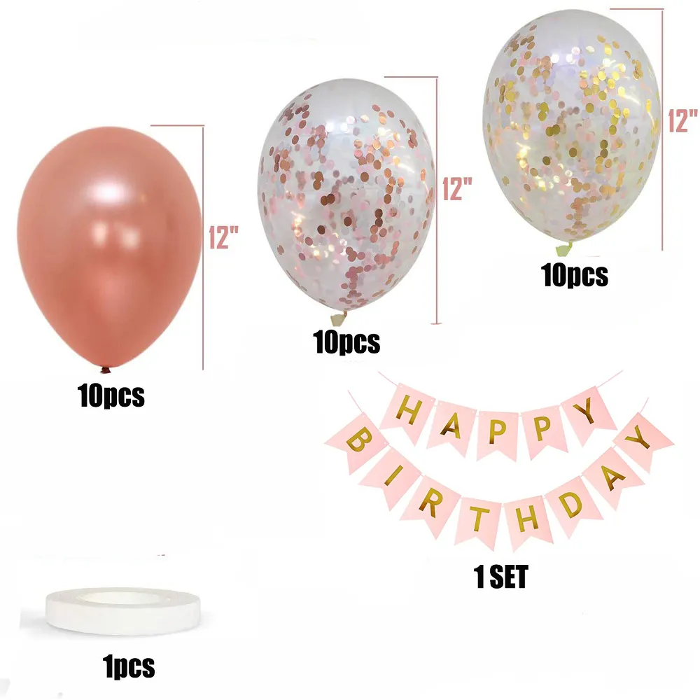 32Pcs Birthday Decor Balloons Set Rose Gold Balloons & Confetti Latex Balloons & Happy Birthday Bann