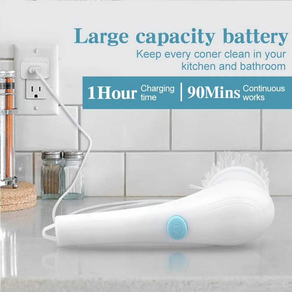 escova de limpeza elétrica sem fio com 5 cabeças de escova substituíveis Branco image 5