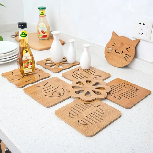 Wooden Table Mat For Dining Table Hollow Carving Cats Fish Owl Print Placemats Coasters Heat Resistant Pad Cup Bowl Place Mats
