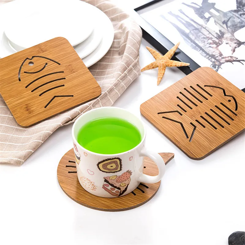Wooden Table Mat For Dining Table Hollow Carving Cats Fish Owl Print Placemats Coasters Heat Resistant Pad Cup Bowl Place Mats big image 3