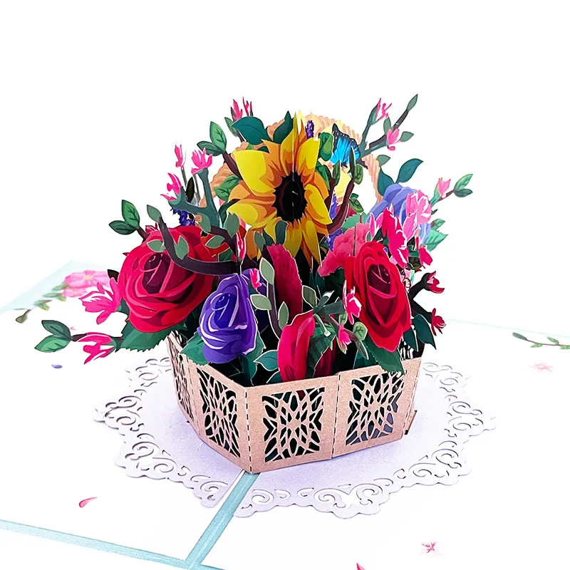 Panier De Fleurs Carte De Vœux 3D Papier De Fête Des Mères Tenant Une Carte De Vœux De Fleurs