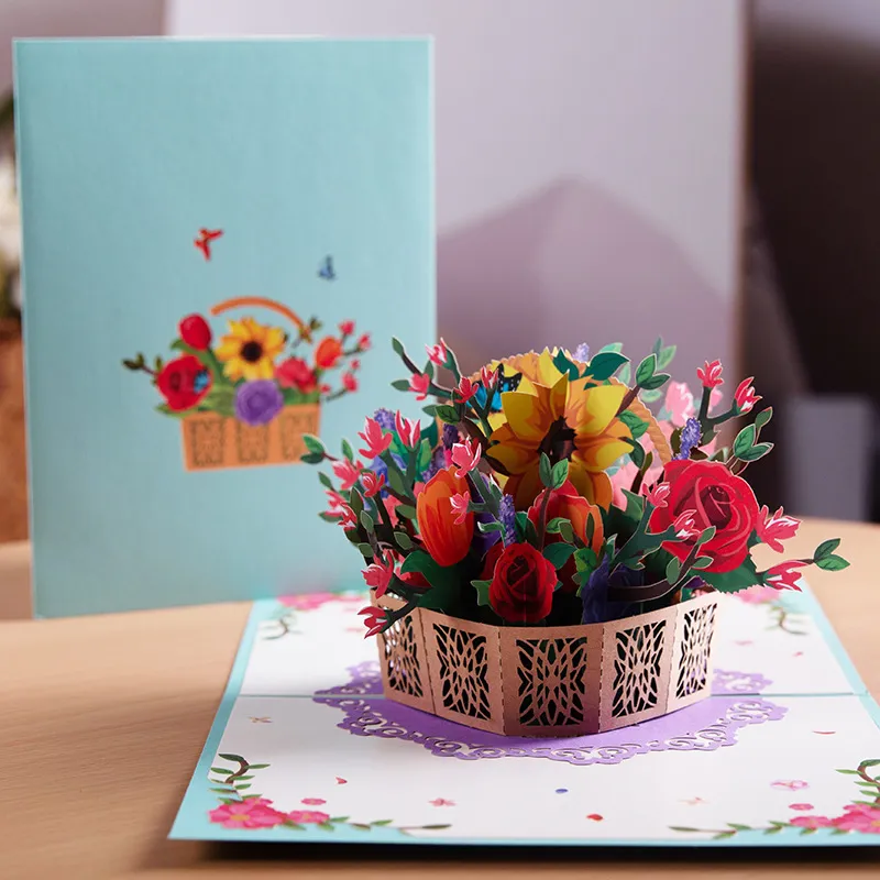 Flower Basket 3D Greeting Card Paper Holding Flower Greeting Card big image 2