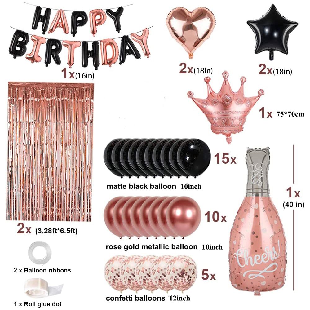 

54pcs Rose Gold Black Happy Birthday Party Decorations for Women Girls Happy Birthday Supplies for Women Rose Gold Party Balloon Happy Birthday Banner