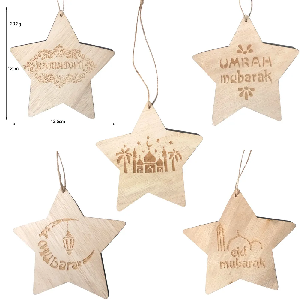 Creative Wooden Stars Carving Pattern Ornament Hanging Pendant for Eid Mubarak Party Supplies Home Decoration Color-A image 4