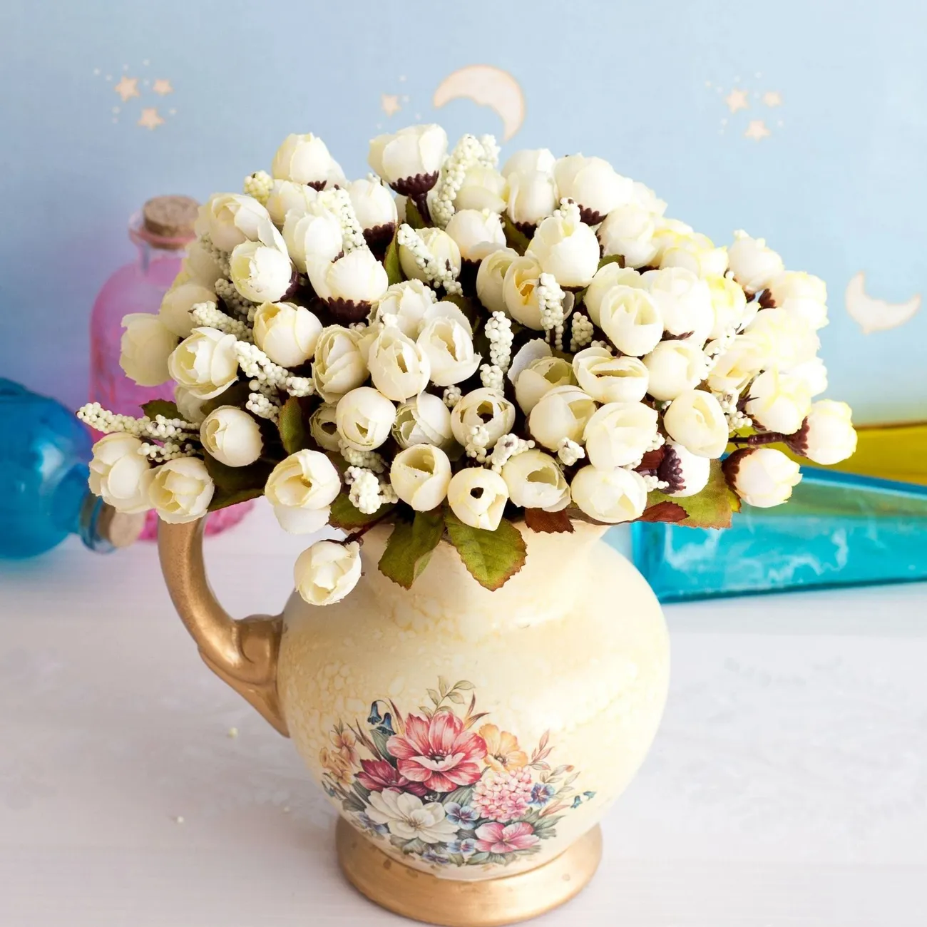1 bouquet/5 bouquets mini fleurs de rose artificielles faux bouquets de boutons de rose fleurs artisanat pour fête mariage saint valentin décor à la maison Blanc big image 1
