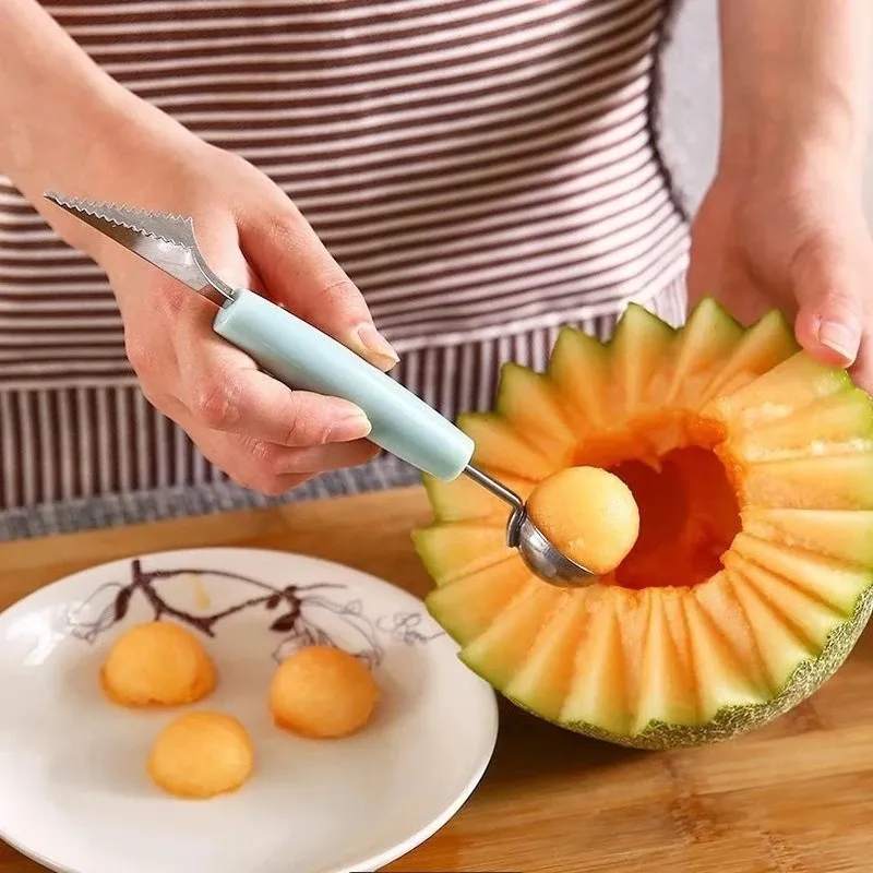 dupla cabeça de sorvete de frutas colher colher de aço inoxidável aparelhos de cozinha baller do melão scooper Azul big image 1