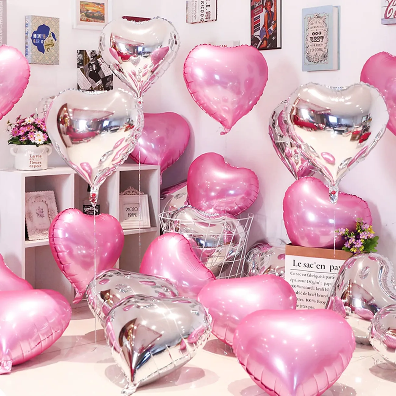 10er-Pack Herzballon-Aluminium-Folienballons zum Aufhängen für Valentinstag, Hochzeit, Geburtstag, Jubiläum, Partydekoration rosa big image 1