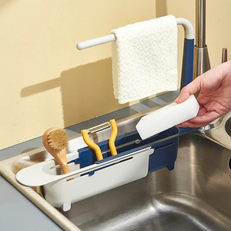 Kitchen Sink Storage Rack Sink Telescopic Drainer Rack Blue