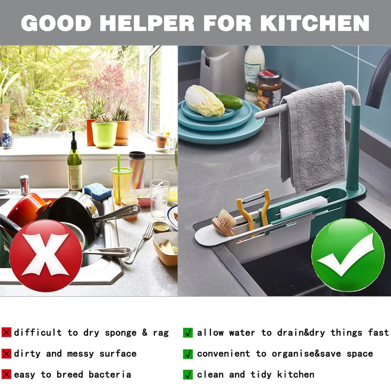 Kitchen Sink Storage Rack Sink Telescopic Drainer Rack Green image 6