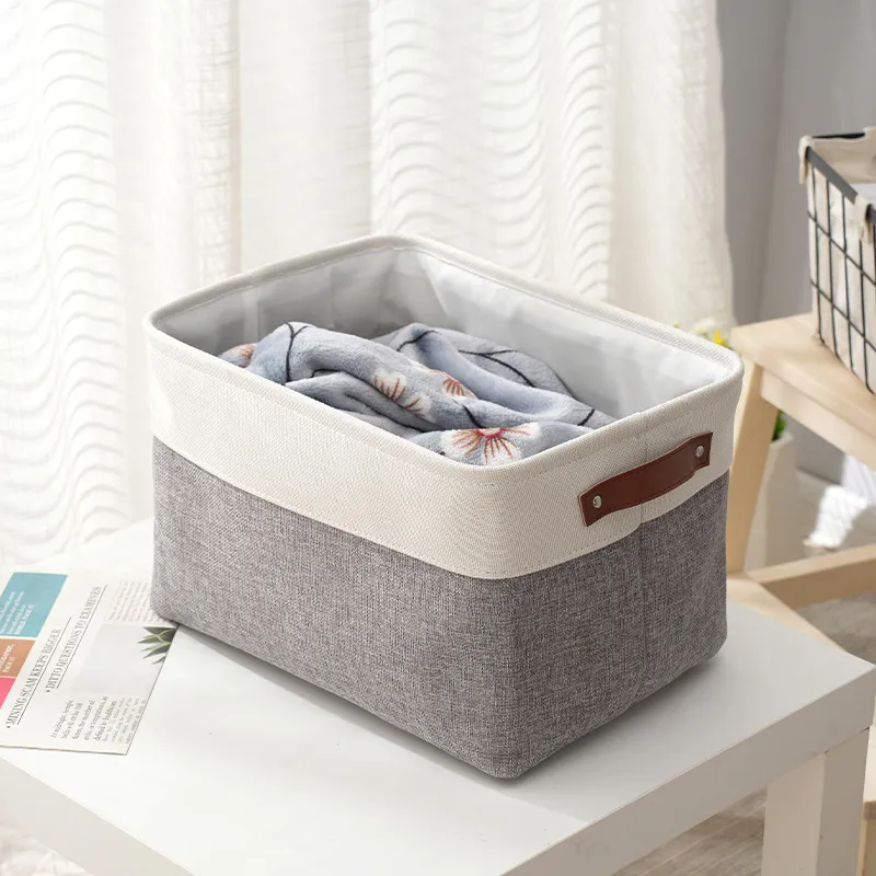 Grandes caixas de armazenamento de linho Dois tons Colorblock Storage Basket Fabric Closet Organizers com alças Cinzento image 2