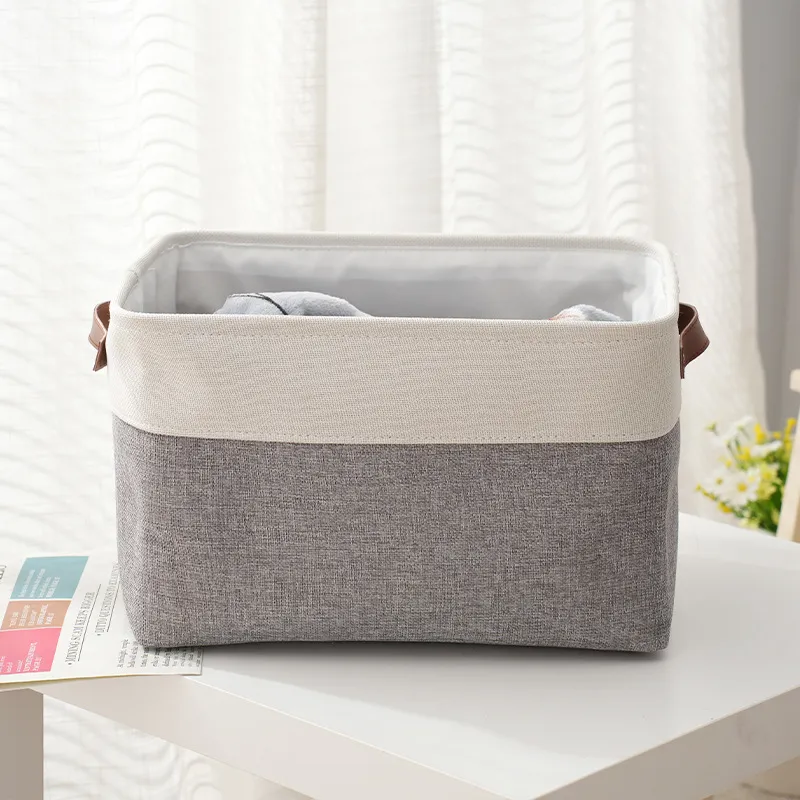 Grandes caixas de armazenamento de linho Dois tons Colorblock Storage Basket Fabric Closet Organizers com alças Cinzento image 3