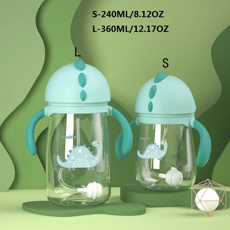 240ML（8.12OZ）/360ML（12.17OZ）  Dinosaur Sippy Cup with Straw Tritan BPA Free Toddler Drinks Water Bottles Trainer Cup with Handles Green