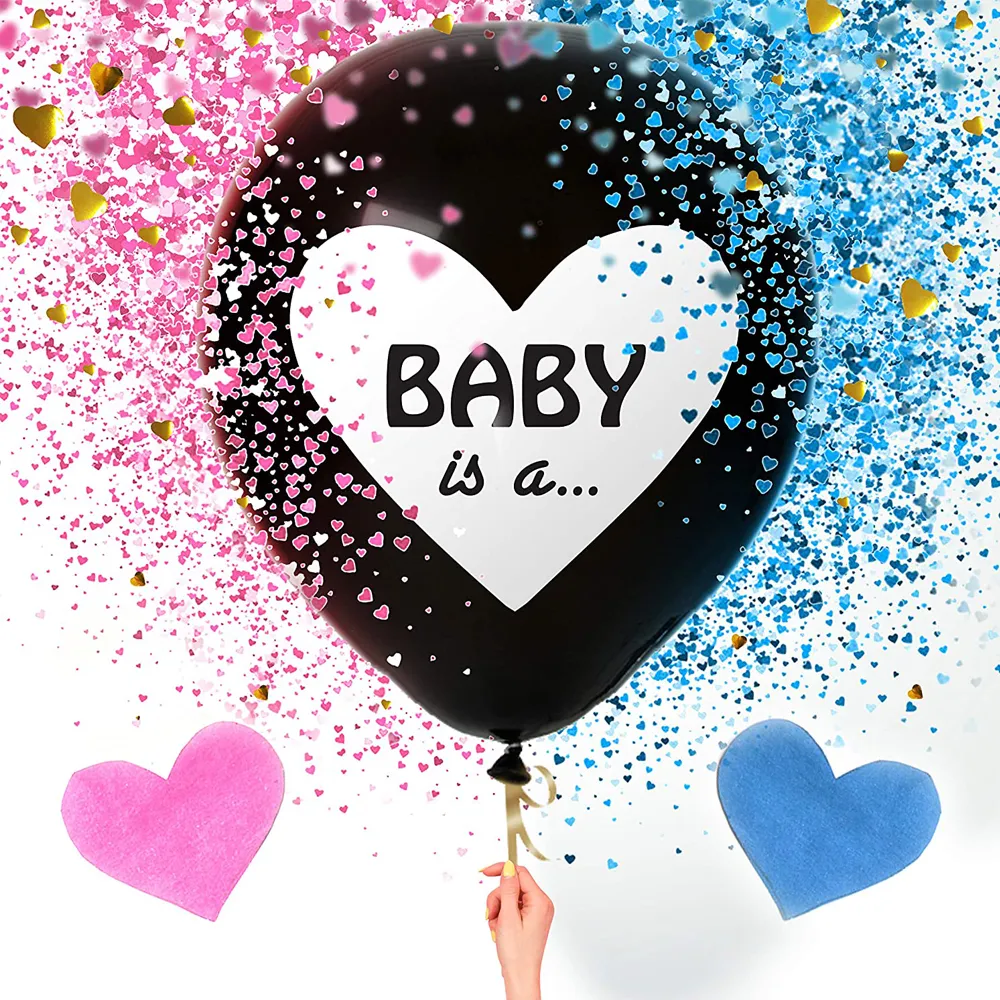 Sweet Baby Co. Jumbo 36 Inch Baby Gender Reveal Balloon, Big Black Balloons with Pink and Blue Heart Shape Confetti Packs for Boy or Girl, Baby Shower Gender Reveal Party Supplies Decoration Kit big image 2