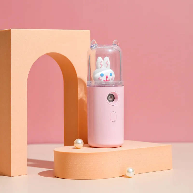 Rabbit Pattern Portable Mini Cool Mist Facial Steamer, Moisturizer and Hydration, USB Rechargeable Facial Humidifier Atomizer for Daily Skin Care Pink