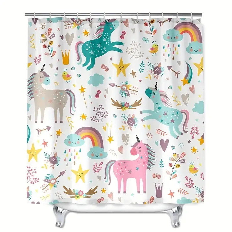 Funny Shower Curtain Kids Cartoon Animal Pets Playing Cute Shower Curtain 58.5*70.2''/70.2*70.2'' Inch Waterproof Polyester Fabric  big image 1